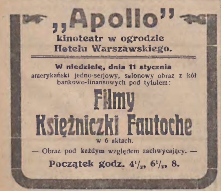 Reklama kościańskiego kina z lat 20. XX wieku