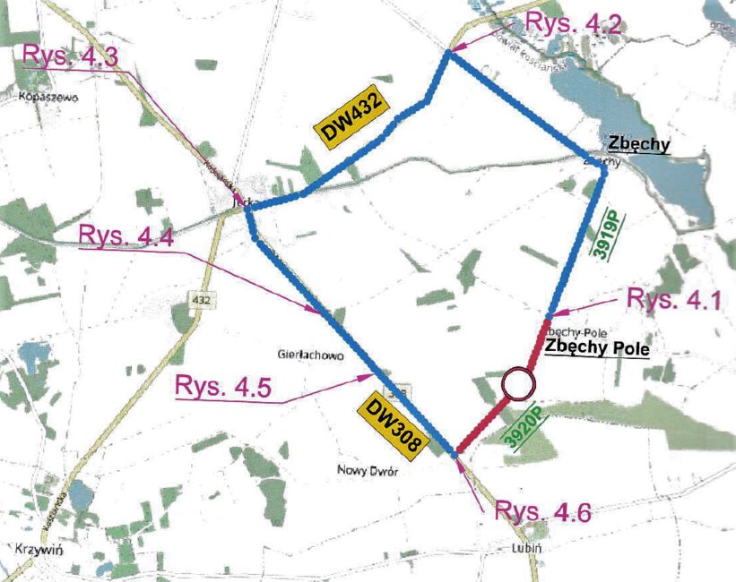 Pierwszy etap prac rozpocznie się 4 maja 2022 roku na odcinku od DW 308 do skrzyżowania w  Zbęchach Pole z drogą do Bieżynia. 