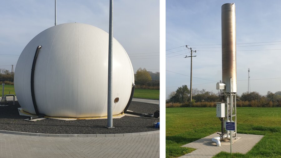 Zbiornik biogazu i pochodnia spalania nadmiaru biogazu 