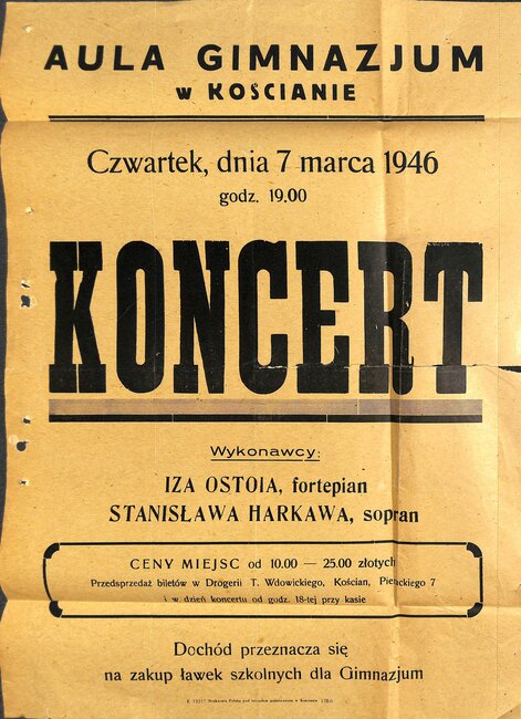 Plakat informujący o koncercie w auli Gimnazjum, 1946