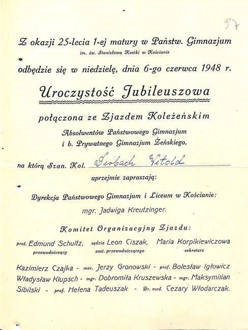 Zaproszenie na Uroczystość Jubileuszową i Zjazd Koleżeński, 1948
