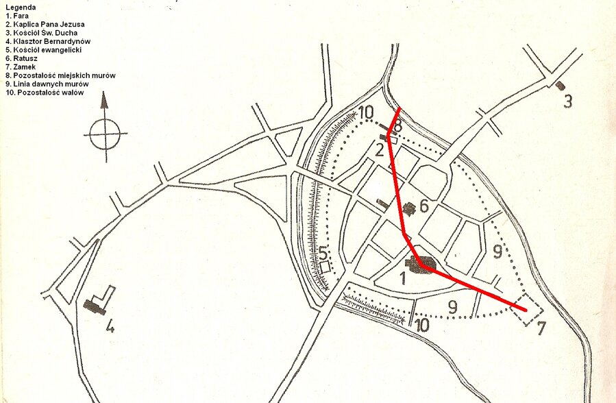 Na planie Kościana opracowanym przez Teresę Ruszczyńską i Anielę Sławską (Warszawa 1980) czerwonym kolorem zaznaczyliśmy legendarny przebieg rzekomego podziemnego przejścia.